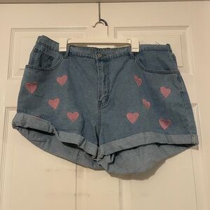 Denim Jean Cuffed Shorts with Pink Heart Print and Stretch Waistband
